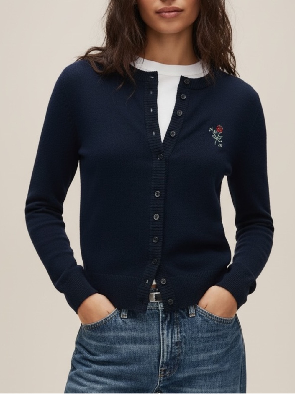 NWT J.Crew Navy Blue Perfect cashmere Embroidered "Mom" cardigan Sz M